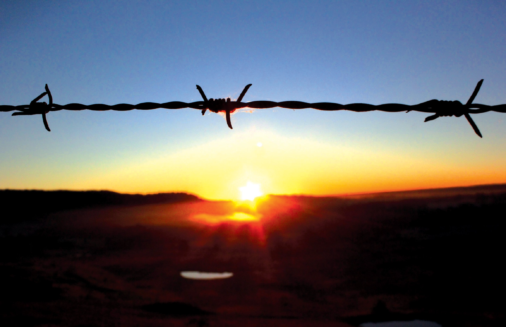 Sunset through barbed wire