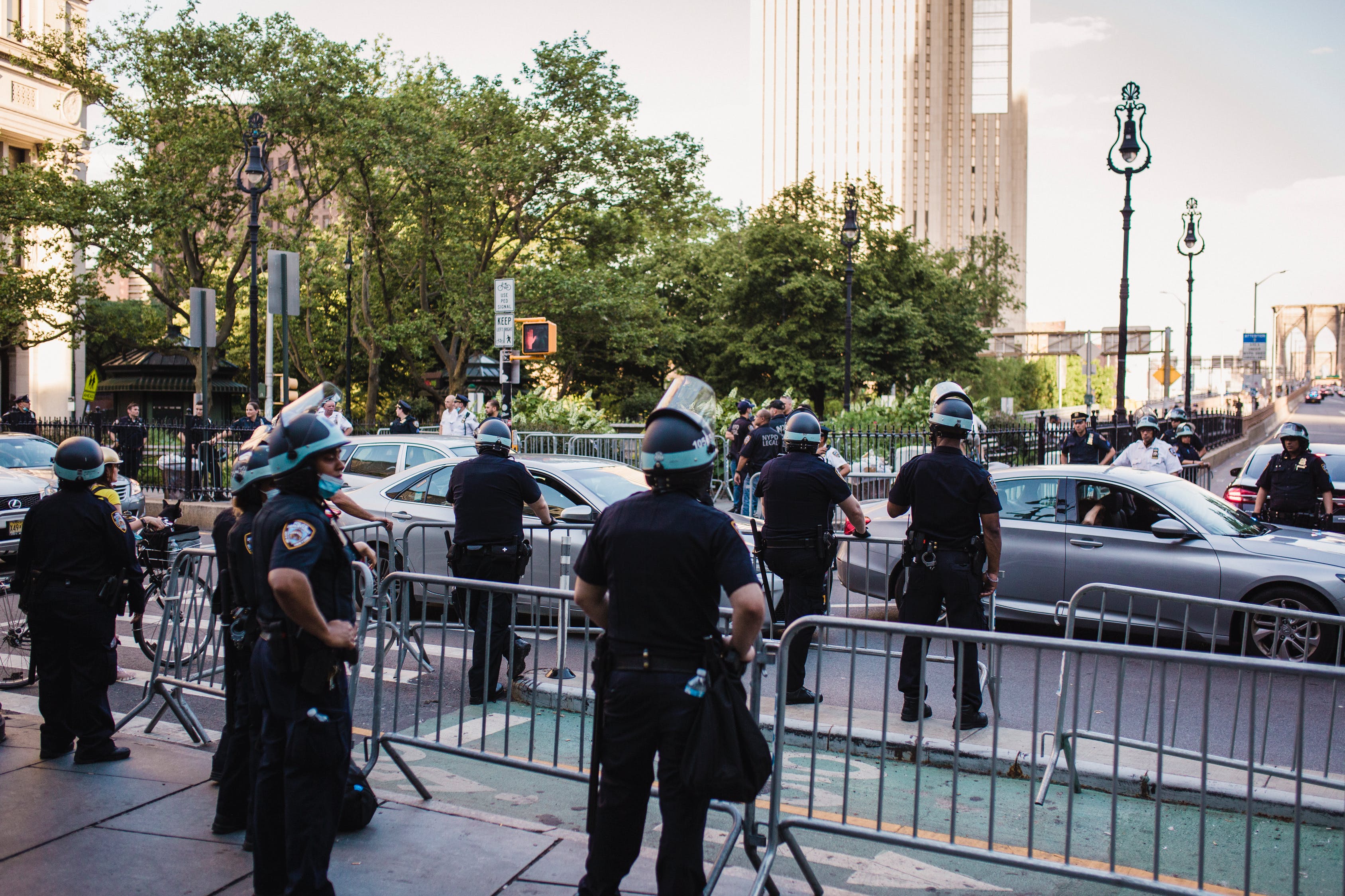 Police behind a barricade